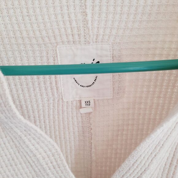 Aerie Sweater Womens XXS Beige Collared V-Neck Waffle Knit Oversized Long Sleeve - Picture 2 of 8